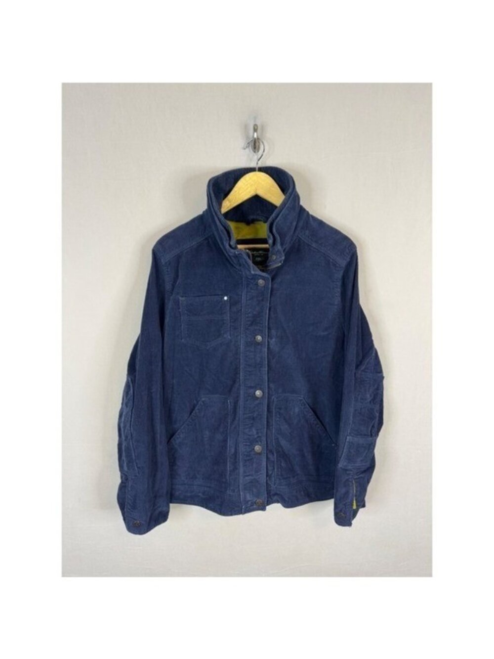 Eddie Bauer Mens XL Navy Blue Corduroy Utility Jacket Funnel Neck Lime Lining
